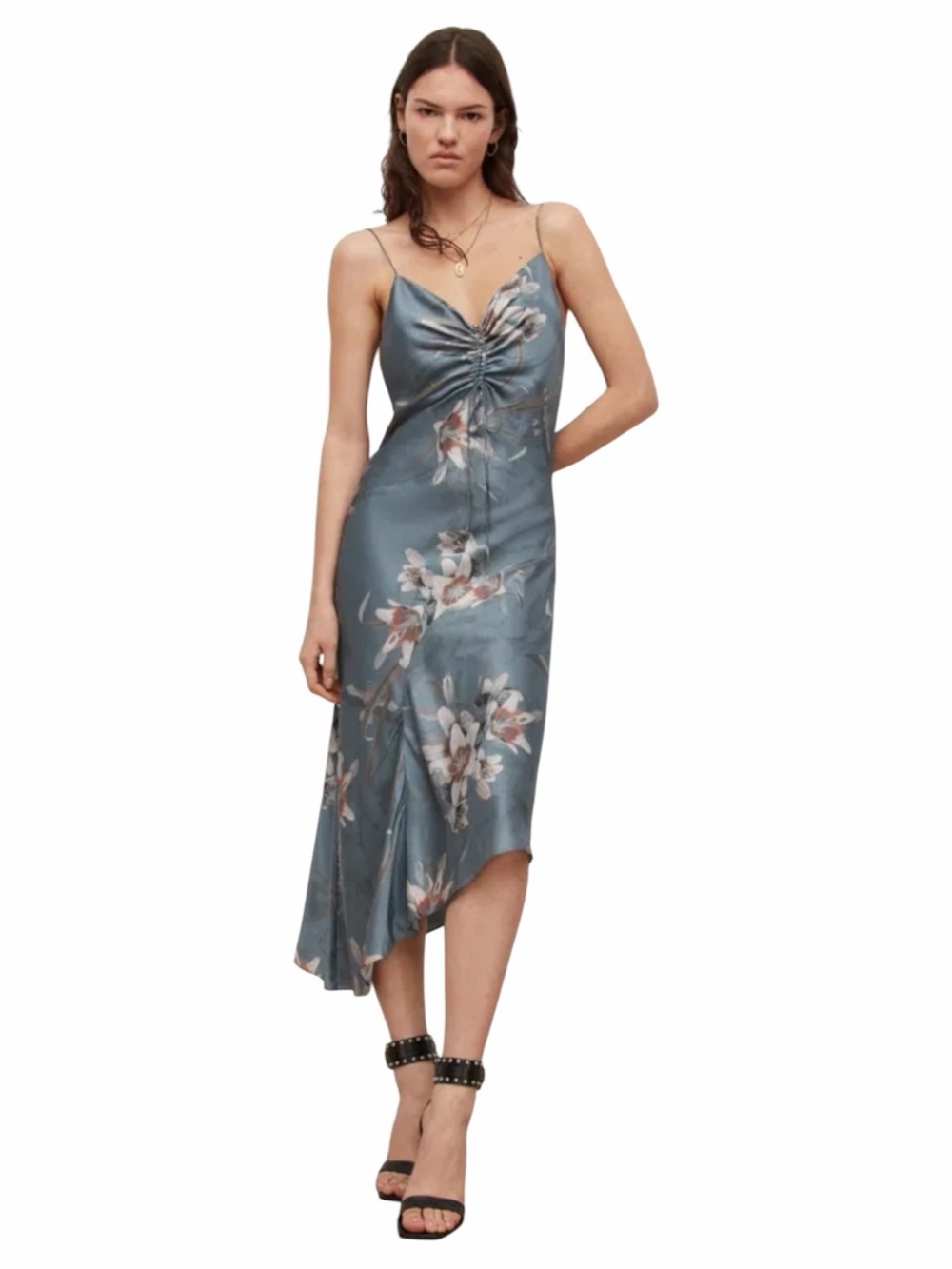 AllSaints Alexia Kuroyuri Blue Floral Silk Blend Midi Dress Size 4 - Picture 4 of 16